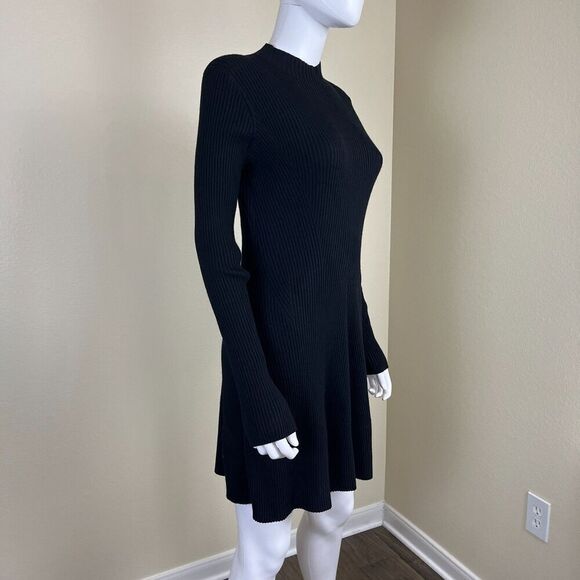 Theory Women's Size M Black Merino Wool Moving Rib Mock Neck Sweater Dress - Picture 10 of 15